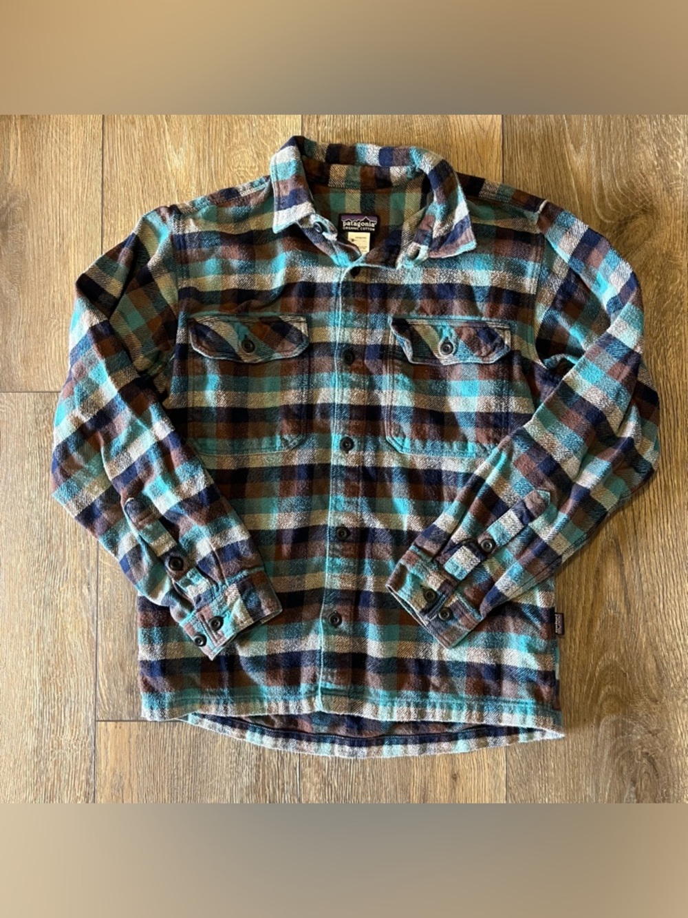 Patagonia Organic Cotton Plaid Flannel Shirt Button Front Teal Brown Men’s S